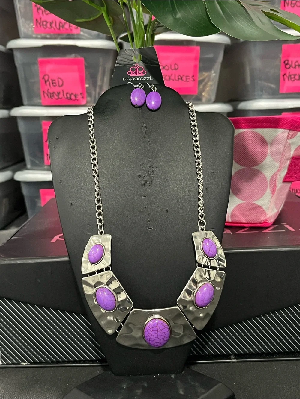 paparazzi Silver-Tone Necklace and Purple Stone Studs